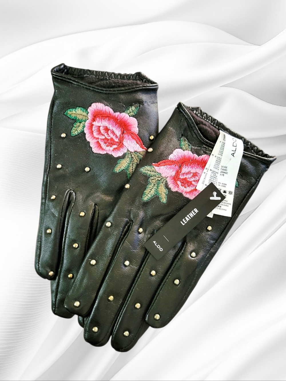 Black Leather Gloves with Pink Rose Embroidery